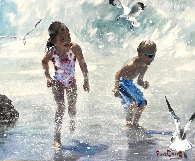 painting of two young children spalshing in shallow water