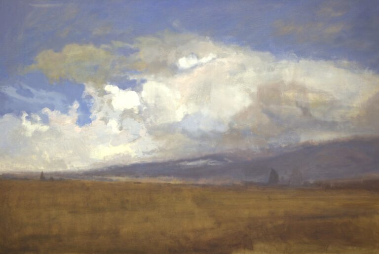 painting of a western plain with dramatic clouds