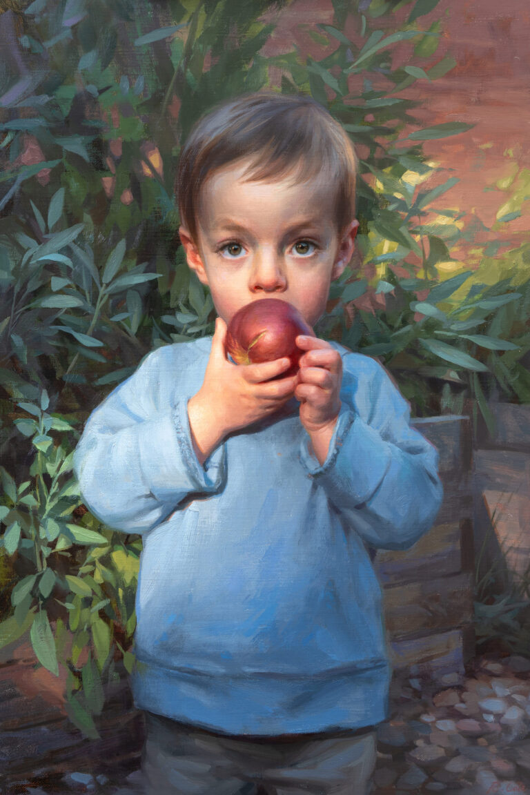 painting of a childe eating an apple