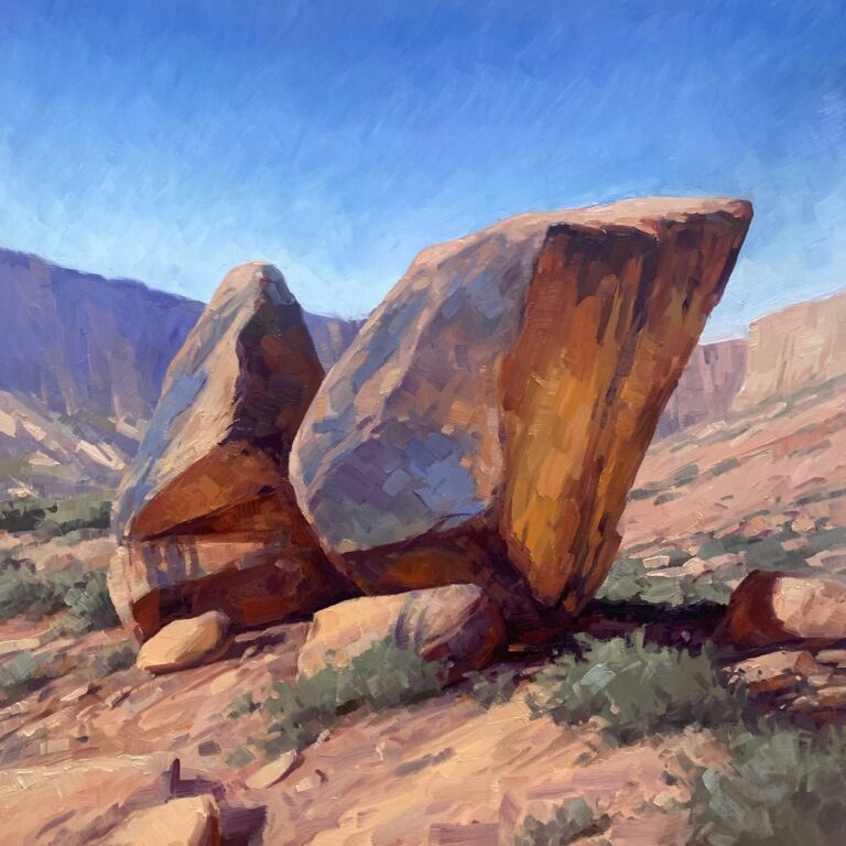 painting of two large red rocks leaning against each other