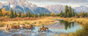 painting by Steve Atkinson of two coyboys on horses leading cattle in a crossing of the snake river