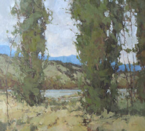 painting of a mountain creek behind two tall trees