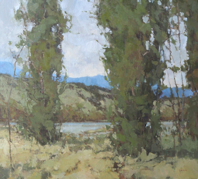 painting of a mountain creek behind two tall trees