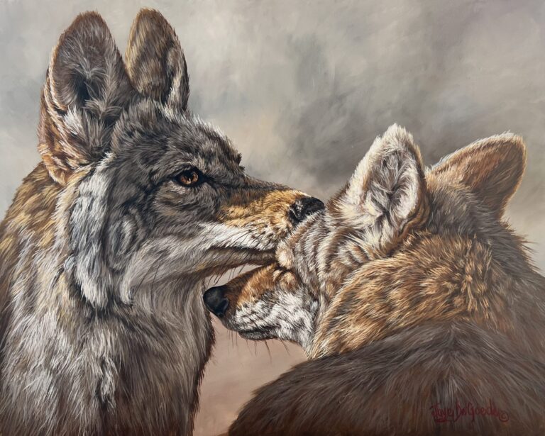 painting of two young wolves nuzzling