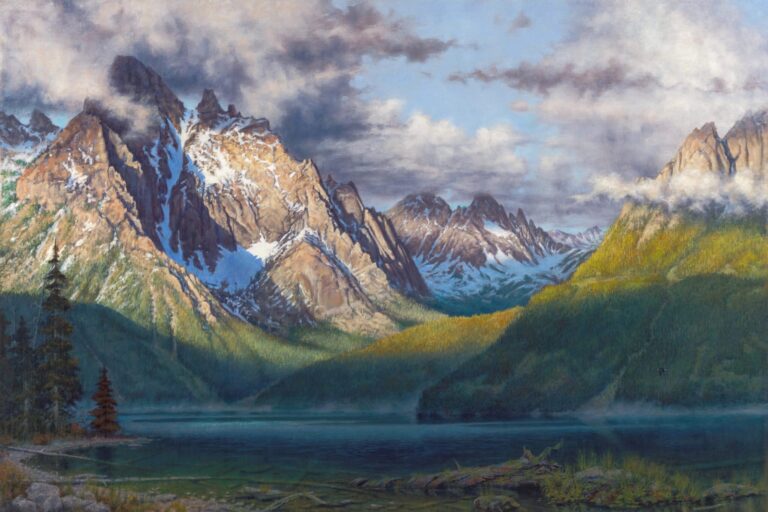 painting of redfish lake with snow dusted mountains in the background