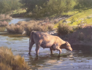 painting of a cow knee deep in a creek
