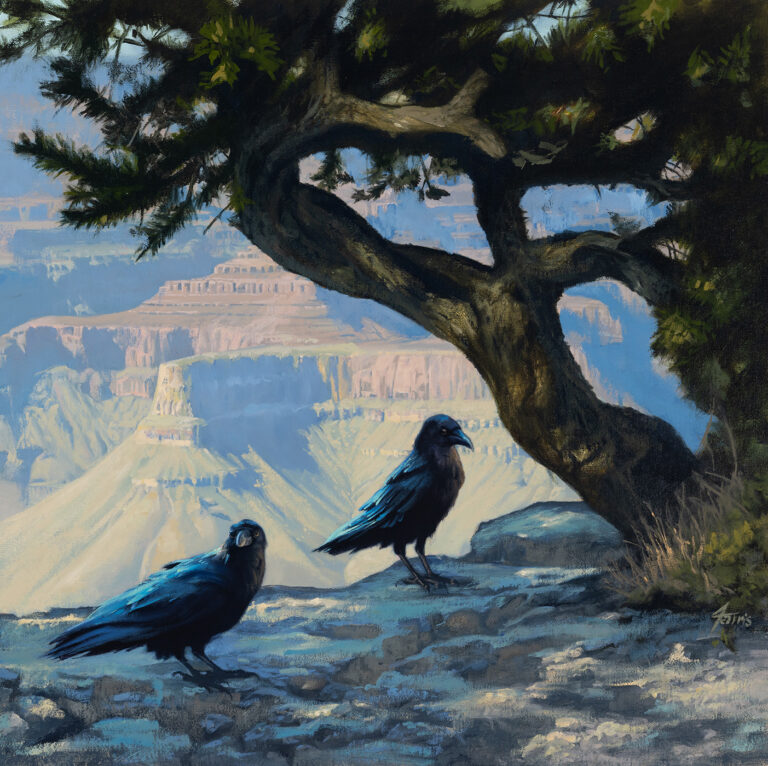 painting of two birds at the base of a tree