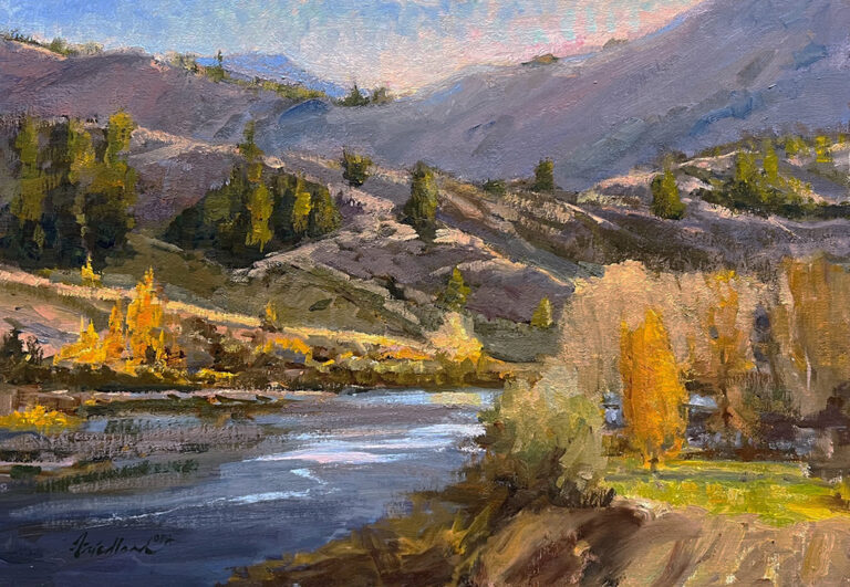 painting of a river traveling through a mountain scene