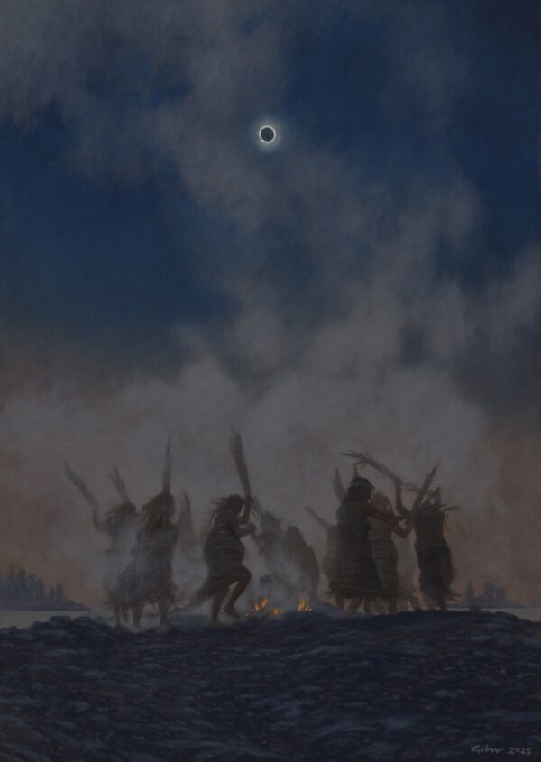 painting of shadowy figures dancing to an eclipsed sun