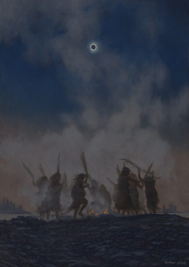 painting of shadowy figures dancing to an eclipsed sun