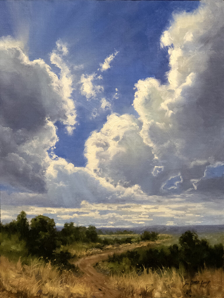 painting of a long range view with mountains in the far background undder a dramatic partly sunny sky