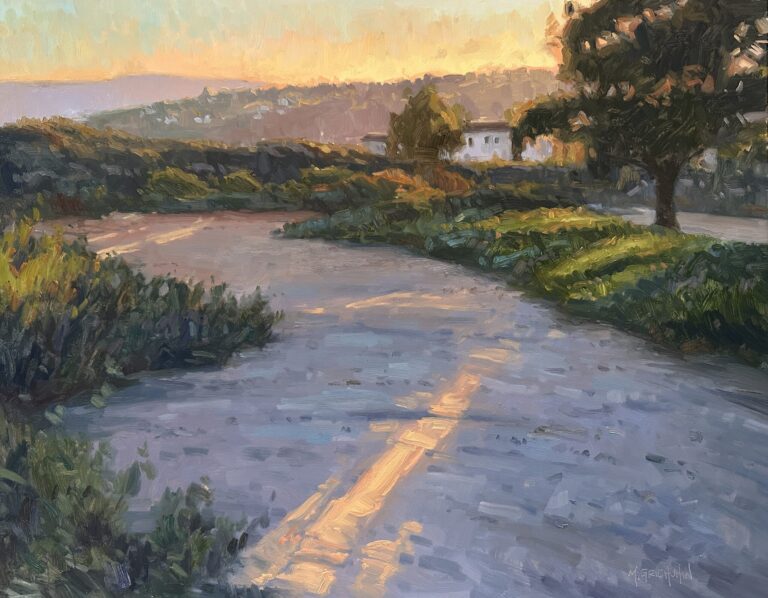 painting of a wide trail at dusk