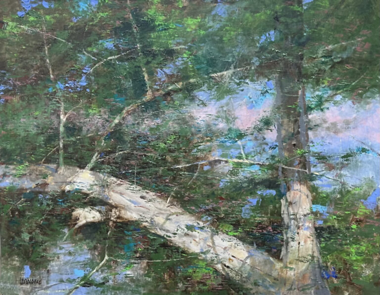 painting of a tree branch with leaves presumably blowing in a soft breeze