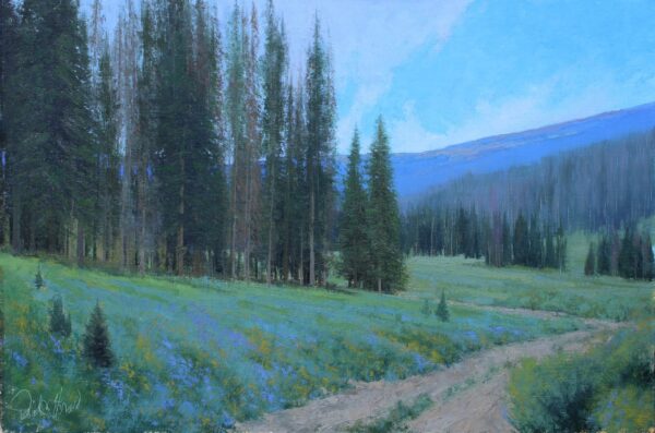 painting of.an early morning view of a dirt track with tall pines in the foreground and mountains in the background