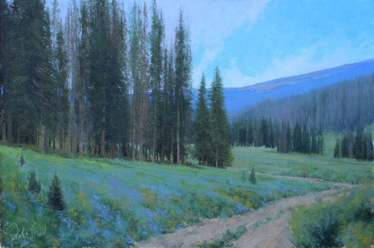 painting of.an early morning view of a dirt track with tall pines in the foreground and mountains in the background