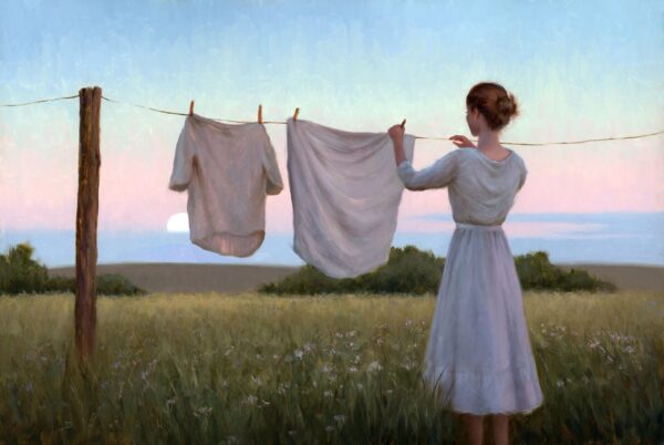 painting of a woman removing clothes from a clothesline at dusk