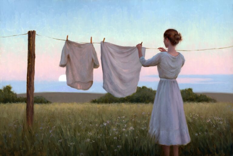 painting of a woman removing clothes from a clothesline at dusk