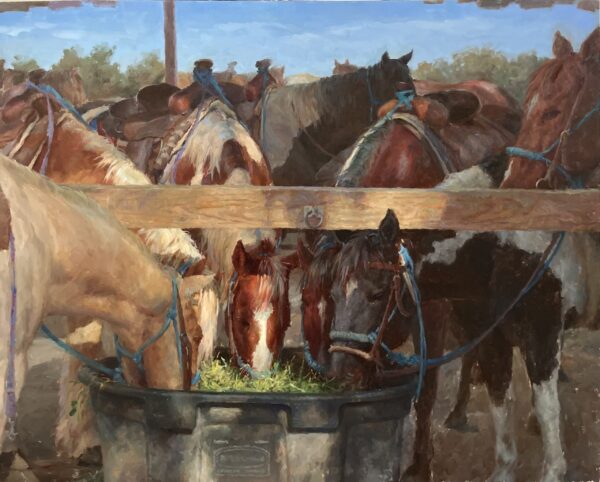 painting of four horses eating fresh hay from a trough