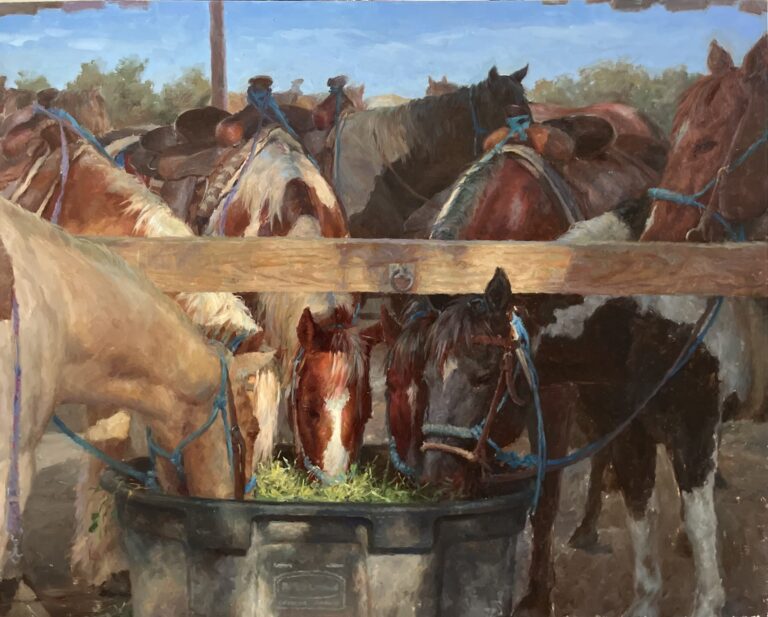 painting of four horses eating fresh hay from a trough