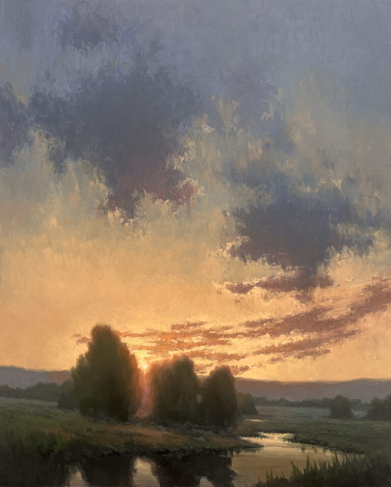 painting of a small creek with trees in front of a evening sunset