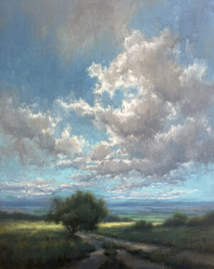 painting of a long range view of a valley under a dramatic cloudy sky