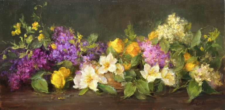painting of lilacs and other spring flowers on a table