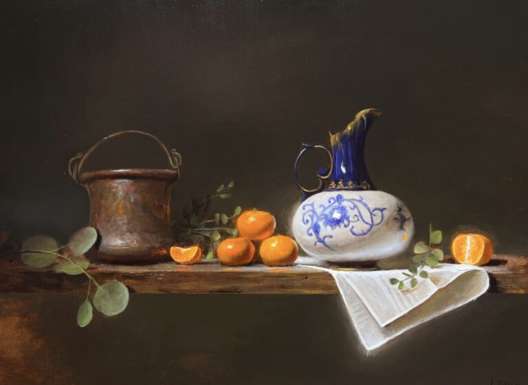 still life painting of a table with oranges, a pitcher and a pail