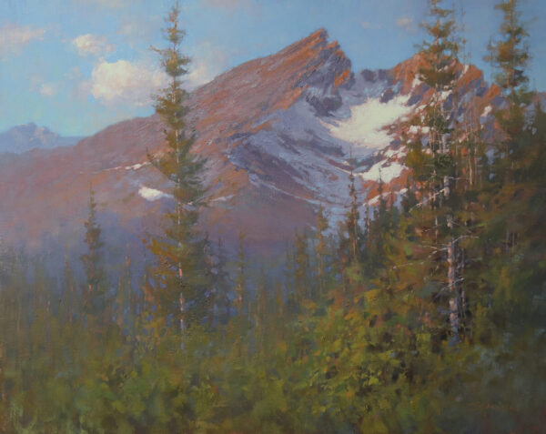 painting o f a mountain ridge with snow and tall thin pines