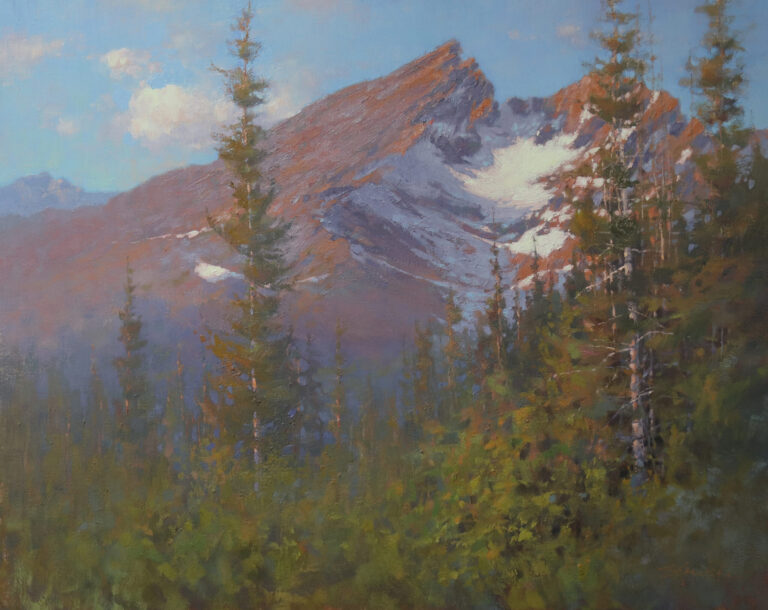 painting o f a mountain ridge with snow and tall thin pines