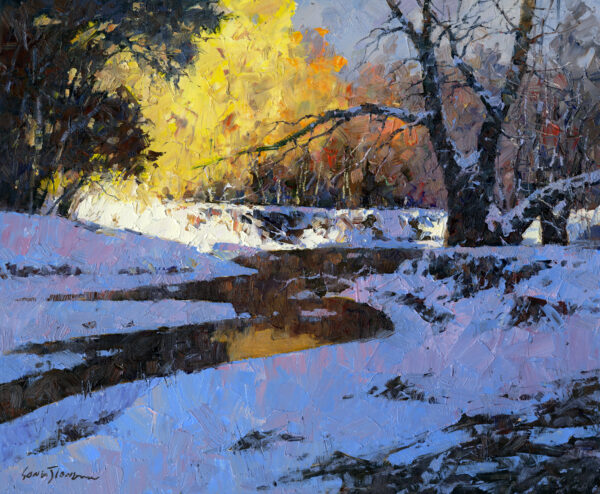 painting of a ray of sunlight breaking the sahdow on a snow covered creek