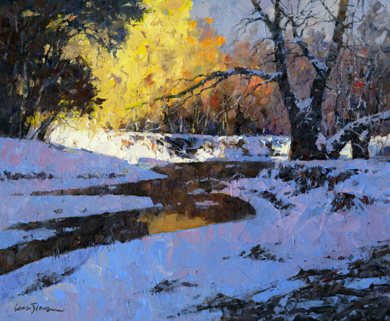 painting of a ray of sunlight breaking the sahdow on a snow covered creek