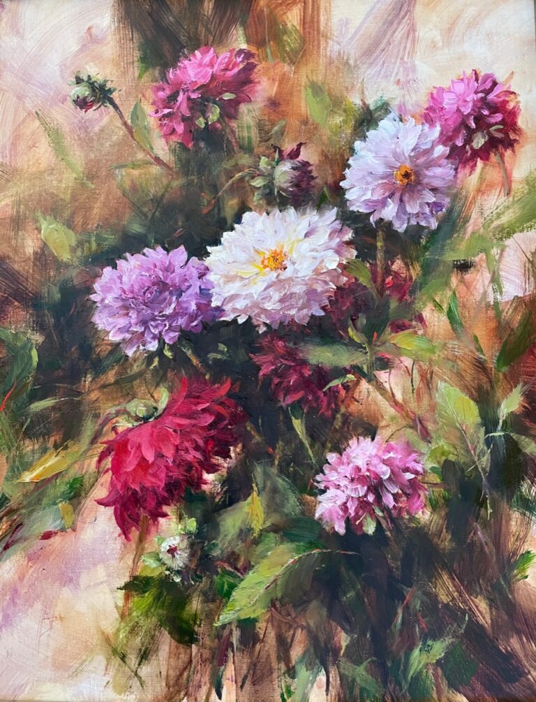 painting of some brightly colored dahlias growing in a garden