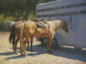 painting of two horses standing next to a horse trainler with the sun shining on them