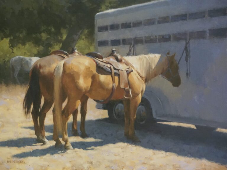 painting of two horses standing next to a horse trainler with the sun shining on them