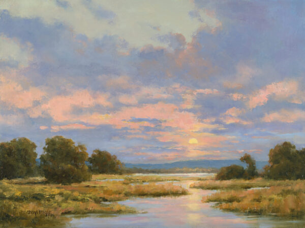 painting of a long range view down a creek with trees in the midground and a colorful sunset on the background