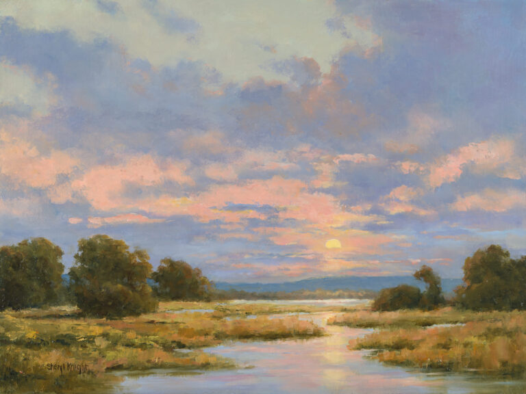 painting of a long range view down a creek with trees in the midground and a colorful sunset on the background
