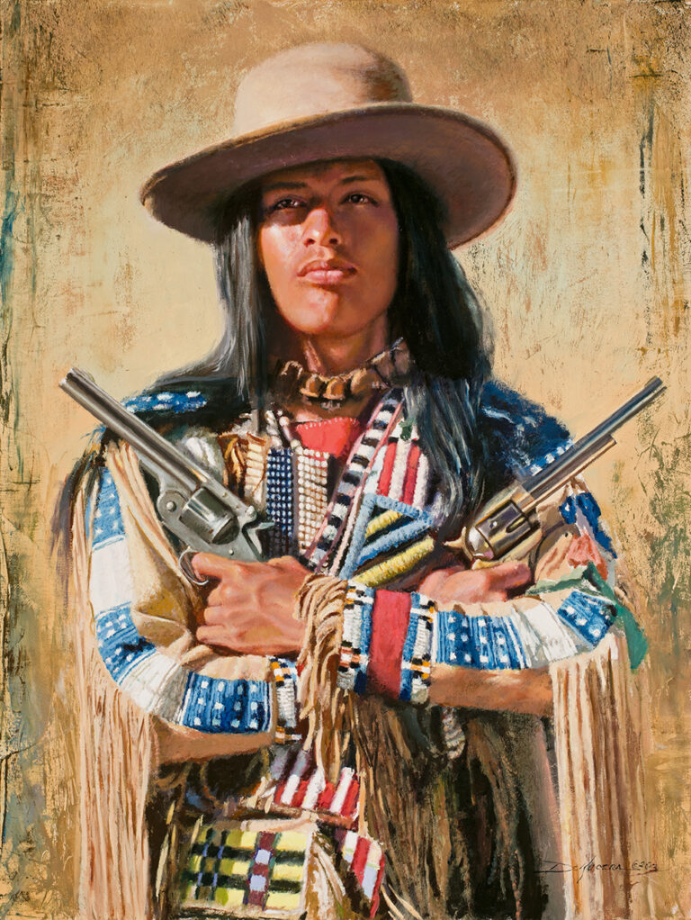 painting of a young man wearing a hat with his arms crossed and a revolver in each hand.