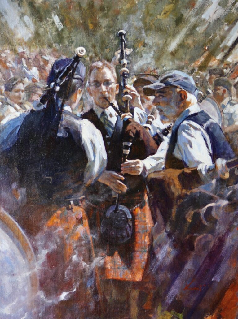 painting of a bagpipe group with a man facing the viewer in the center of the scene