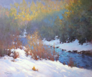 image of a painting by Barbara Jaenicke depicting a snowy creek bed on a late afternoon
