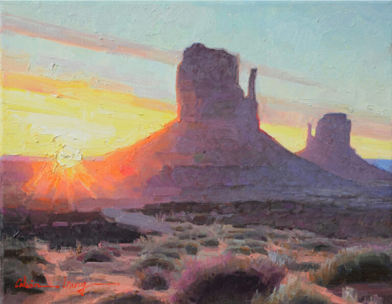 painting of a beatutiful sunset behind two tall rock formations