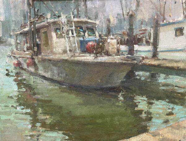 painting of a fishing boat at mooring