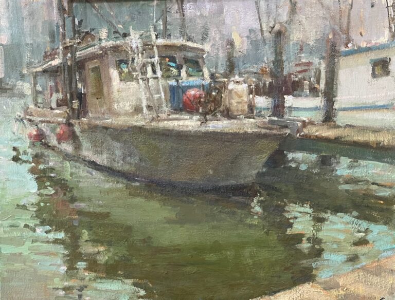 painting of a fishing boat at mooring