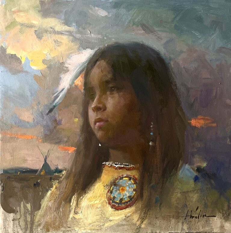 painting of a young native american girl with a feather iin her hair, long beaded earrings and a beaded vest