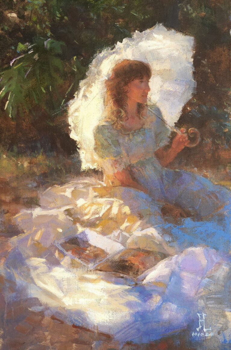 image of a woman with a parasol sitting on a blanket, backlit by sunlight