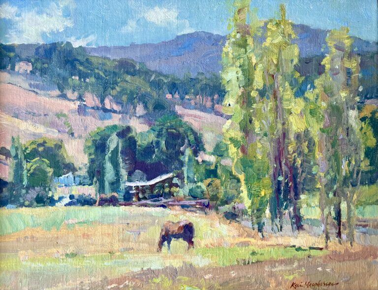 painting of an animal grazing near some tall trees with mountains in the background