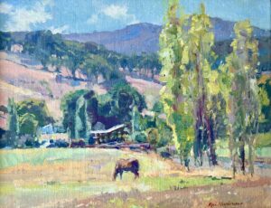 painting of an animal grazing near some tall trees with mountains in the background