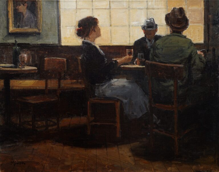 painting of two men and a lady seated at a table