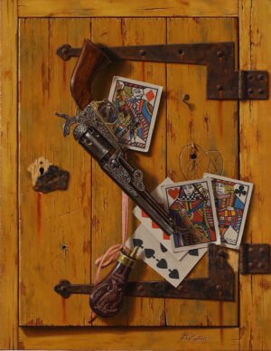 painting of a jack of diamonds and other cards on a table, with a revolver laying over them