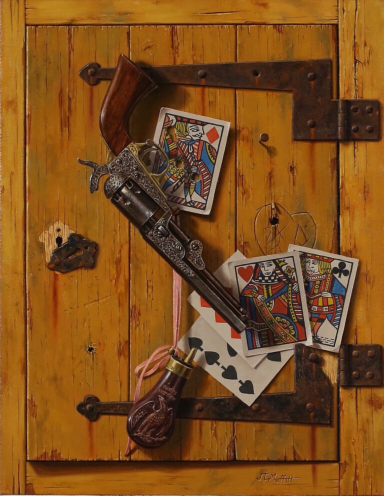 painting of a jack of diamonds and other cards on a table, with a revolver laying over them