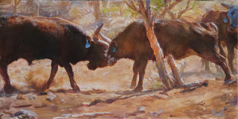 painting of two bulls locking hors